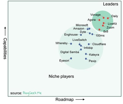 Chart that shows capabilities on the vertical axis and rodmap on the horizontal axis. The chart has two circles on it, one for niche players and one for leaders. A dot representing Vonage is placed in the top left of the leaders circle.