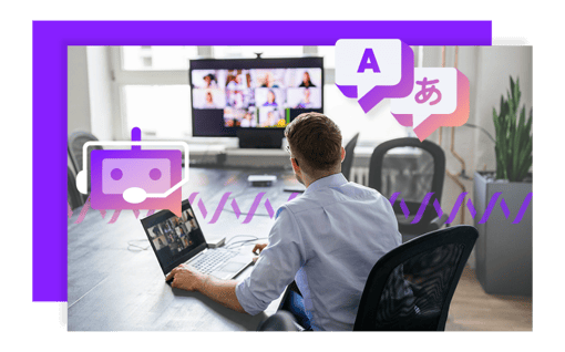 Image with bot icon and translation icon showcasing a video meeting on desktop